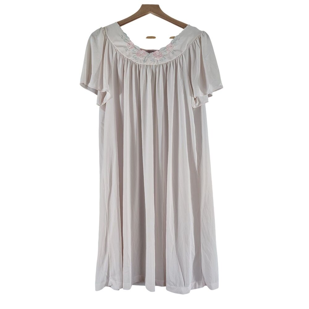 Vintage Shadowline Pink Nylon Nightgown Size L Embroidered Rose Coquette